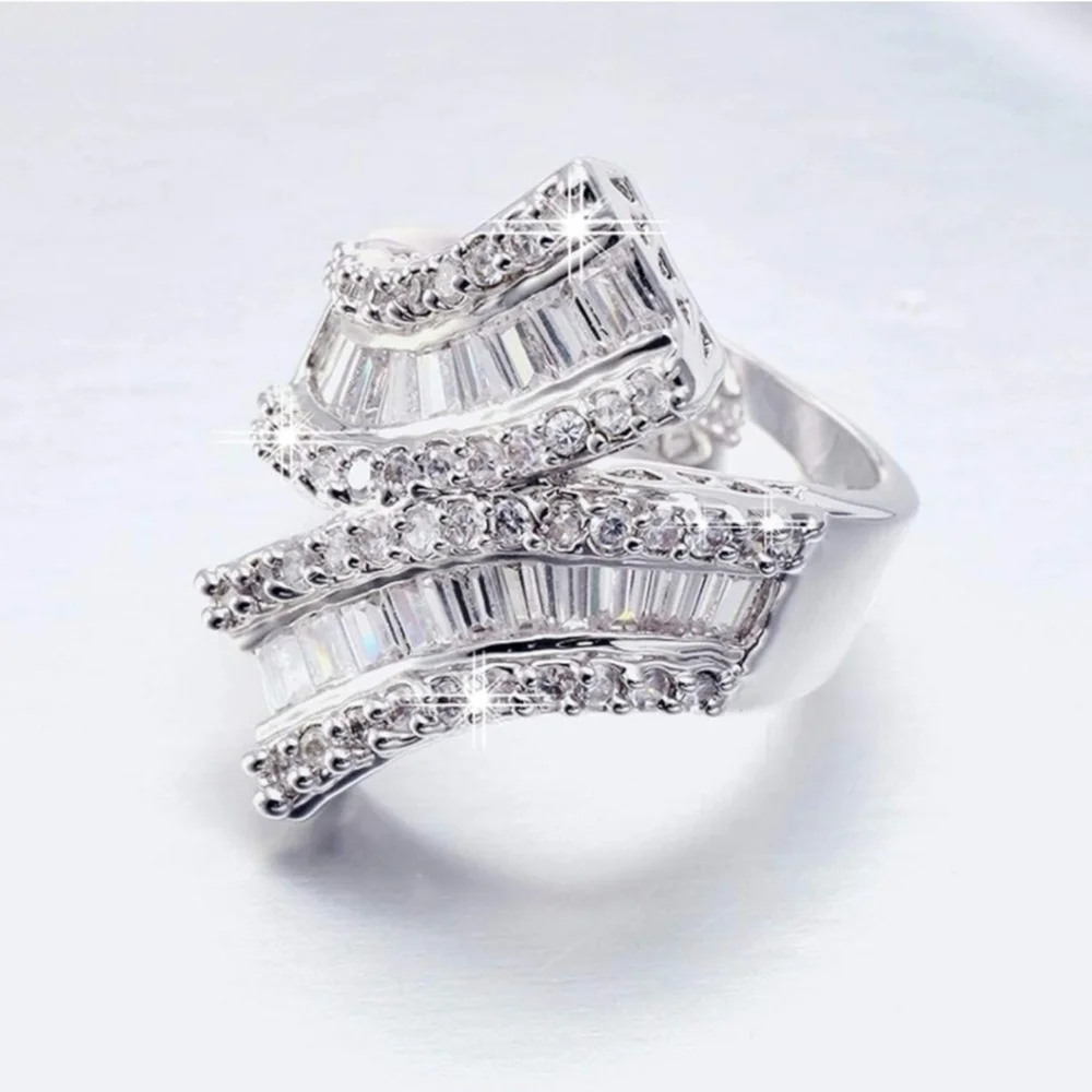 Double Band Baguette Cut Diamonds White Gold Ring Stacked Curved Statement Gift